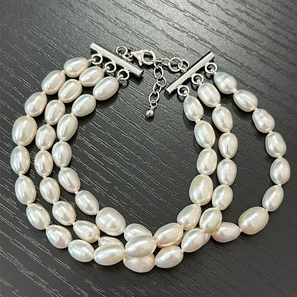 Hand Knotted 3-Strand Pearl 925 Silver Clasp NF Signed Toggle Clasp VTG Bracelet